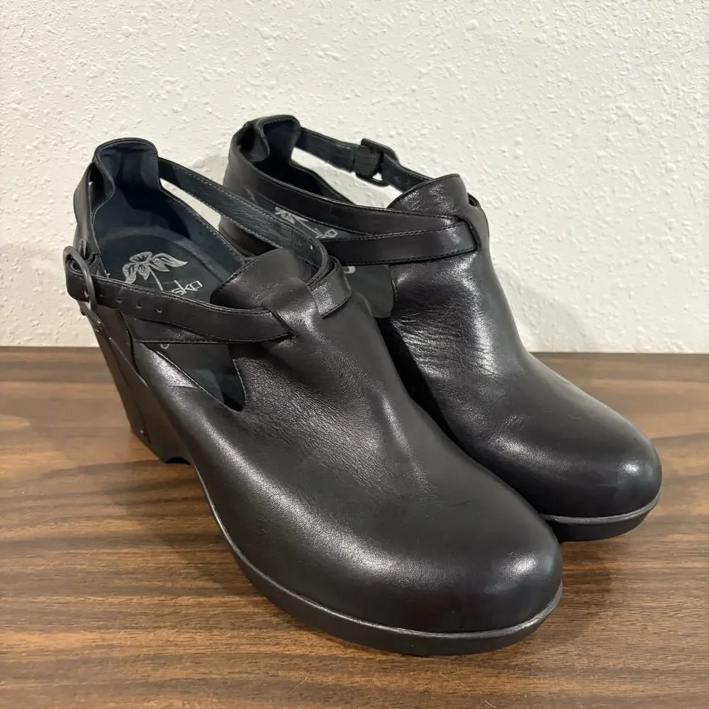 Dansko Franka Womens Sz 41‎ US 10.5 11 Strappy Wedge Clog Black Leather Bootie